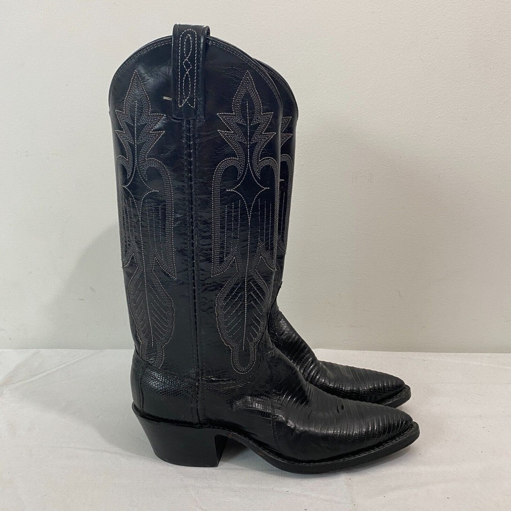 VTG Dan Post Black Teju Lizard Leather Embroidered Western Cowboy Boots Womens 5